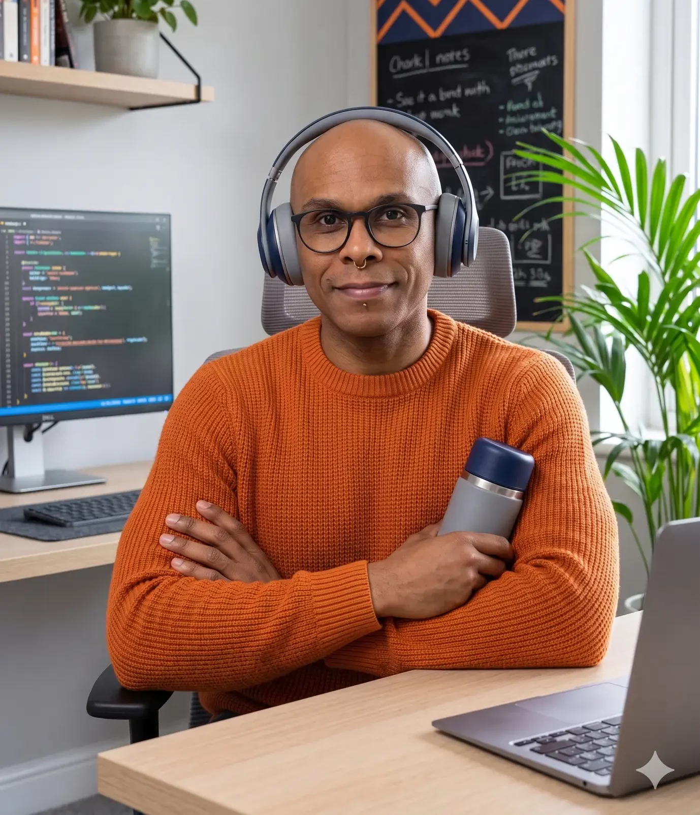 Porträt von Angelo Oliveira, Full-Stack Developer und Gründer von UBODA IT-Solutions, am Schreibtisch mit Kopfhörern und Laptop. Experte für Angular, Node.js und KI-Optimierung.