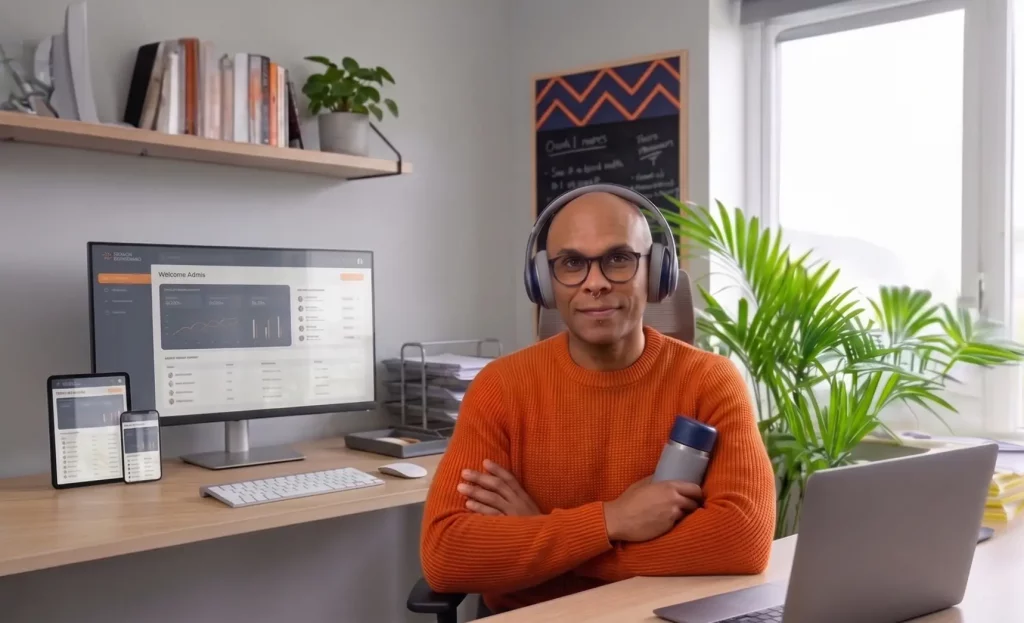 Angelo Oliveira, Gründer von UBODA IT-Solutions, an seinem modern ausgestatteten Arbeitsplatz. Im Hintergrund Monitore mit responsiven Web-Layouts. Professionelle IT-Dienstleistungen für kleine Unternehmen.