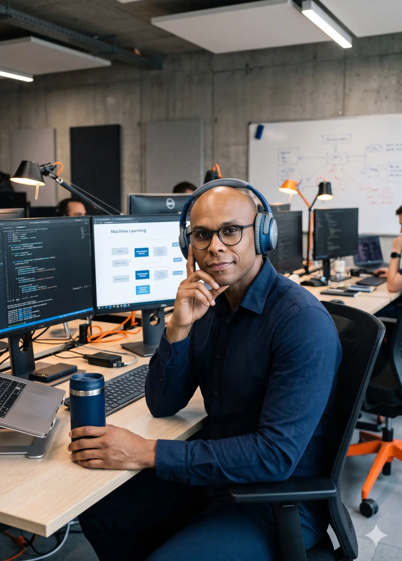 Angelo Oliveira, Full-Stack Entwickler bei UBODA IT-Solutions, arbeitet an einem Machine Learning Projekt im Büro. Professionelle Softwareentwicklung mit Fokus auf KI und Datenstruktur.