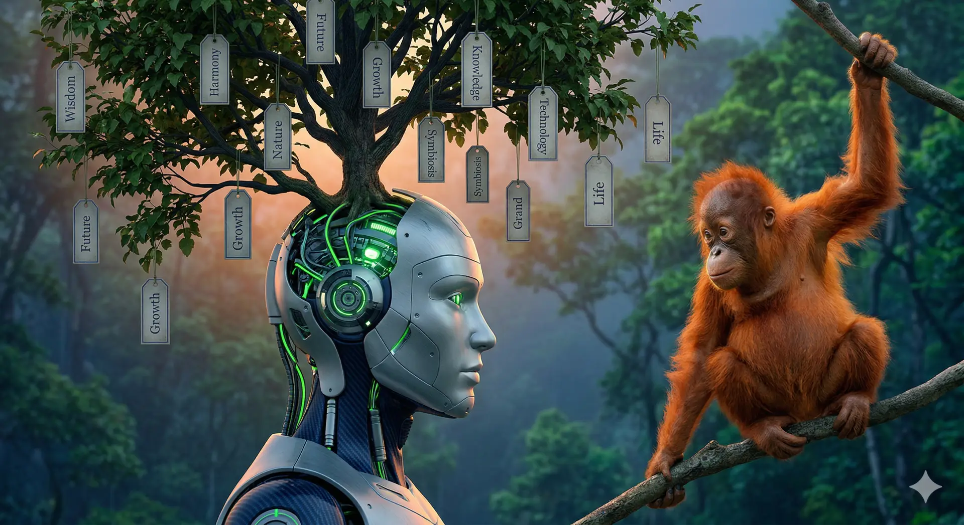 Eine futuristische KI-Figur, aus deren Kopf ein Baum mit beschrifteten Schildern wie Wisdom und Future wächst, während ein Orang-Utan zuschaut. Symbol für semantische Embeddings und die Macht der Sprache im UBODA-Blog.
