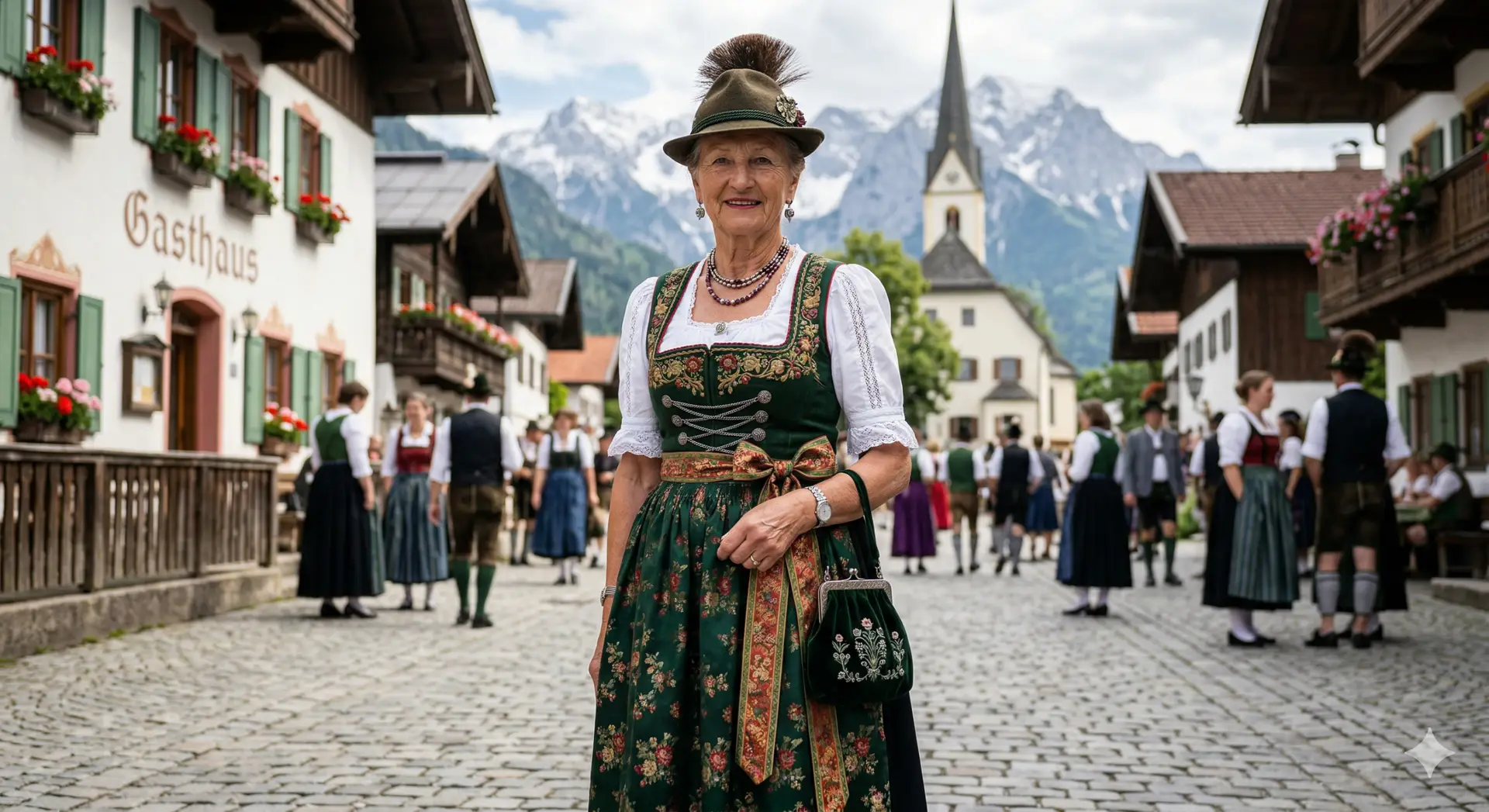 KI-generiertes Porträt einer älteren Dame in einer edlen, grünen Tracht mit Hut vor einer alpinen Kulisse. Beispiel für poetisches Prompt Engineering im UBODA-Blog von Angelo Oliveira.