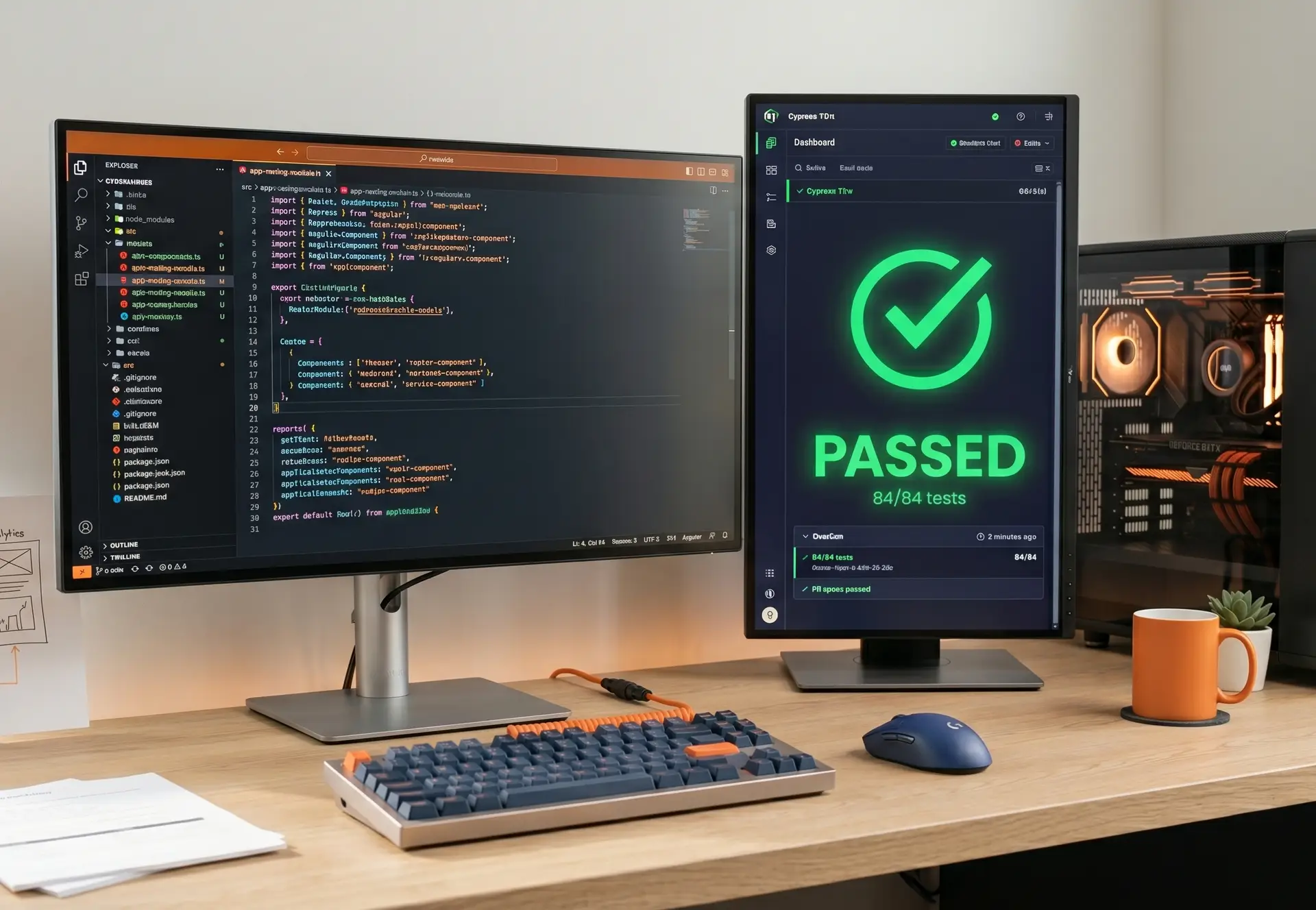 Moderner Entwickler-Arbeitsplatz mit zwei Monitoren: Links Angular-Code in VS Code, rechts erfolgreiche automatisierte Tests mit Cypress (Passed). Symbol für die Qualitätssicherung bei UBODA IT-Solutions.