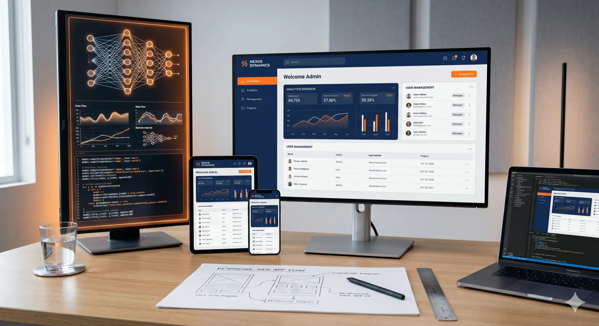 Modernes Entwickler-Setup mit verschiedenen Endgeräten (Smartphone, Tablet, Monitore), die ein Dashboard zeigen. Ein vertikaler Monitor visualisiert neuronale Netze und KI-Datenfluss. Im Vordergrund liegen Skizzen für eine Web App Flow Konzeption.