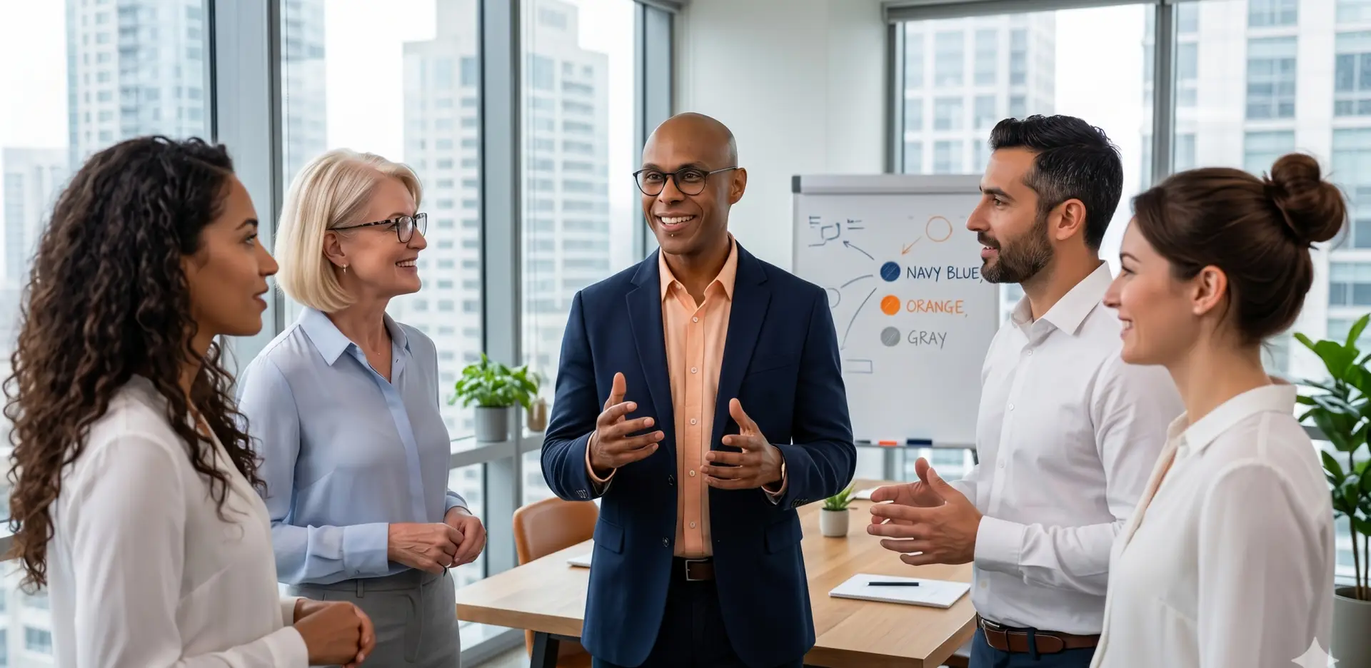 Angelo Oliveira im Beratungsgespräch mit einem Team in einem modernen Büro. Präsentation von Strategien für individuelle Webanwendungen und IT-Lösungen bei UBODA IT-Solutions.