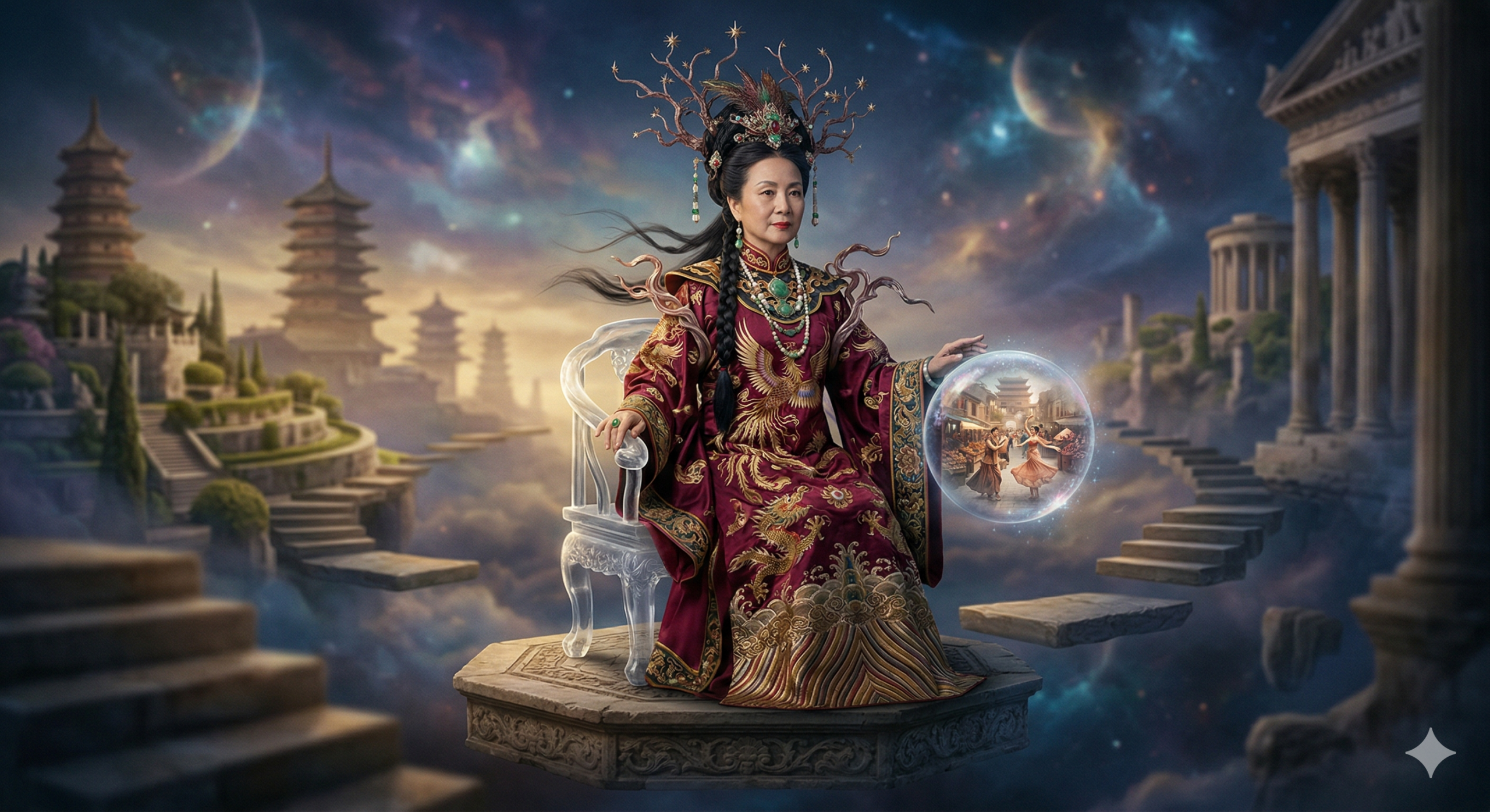 KI-generierte Darstellung einer Dame in einem prachtvollen chinesischen Gewand vor einer mystischen Kulisse mit Pagoden. Beweis für die kulturelle Prägung durch die chinesische Sprache im UBODA-Blog.