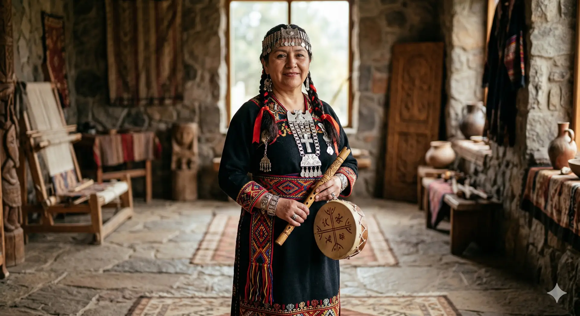 KI-generierte Darstellung einer Dame in prachtvoller, kulturell geprägter Tracht mit traditionellen Instrumenten. Ergebnis eines spanischen Prompts im UBODA-Blogexperiment zur Macht der Sprache.