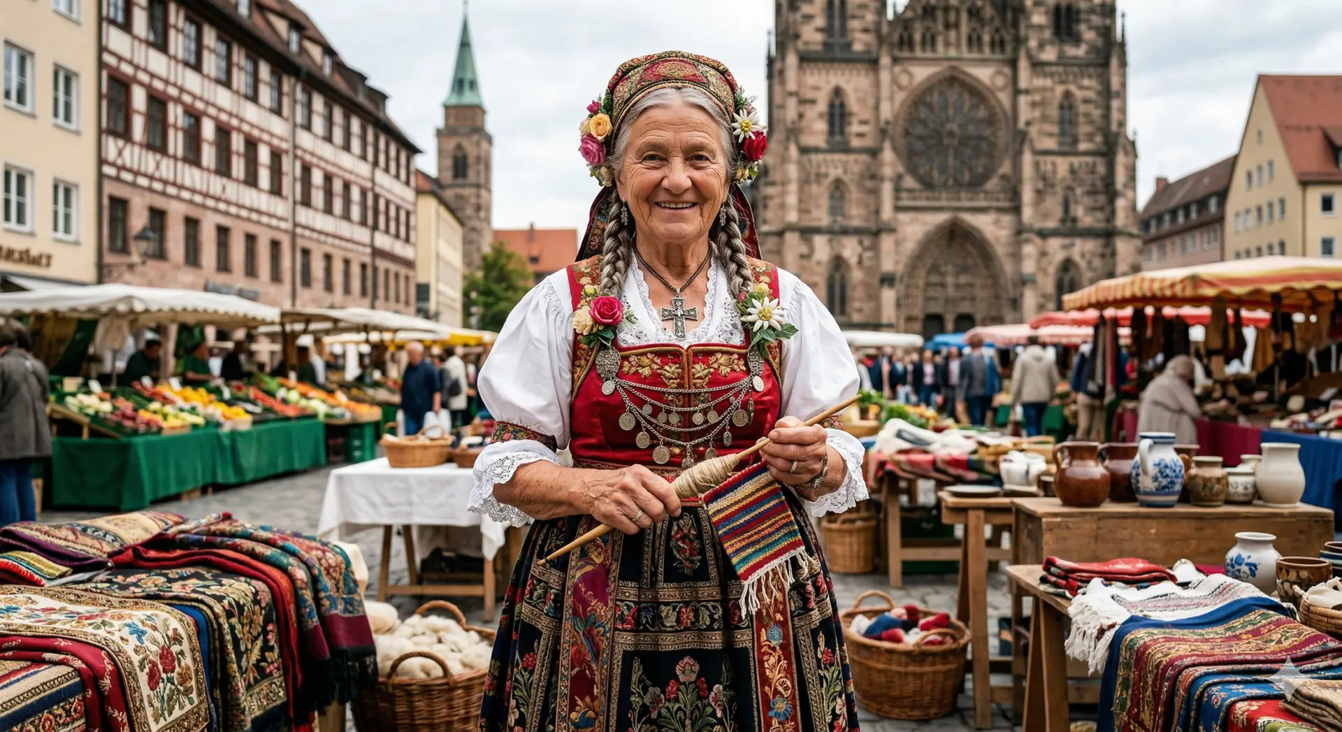 KI-generiertes Bild einer Frau in detailreicher, farbenfroher traditioneller Tracht auf einem historischen Marktplatz. Beispiel für Prompt Engineering aus dem UBODA-Blog von Angelo Oliveira.