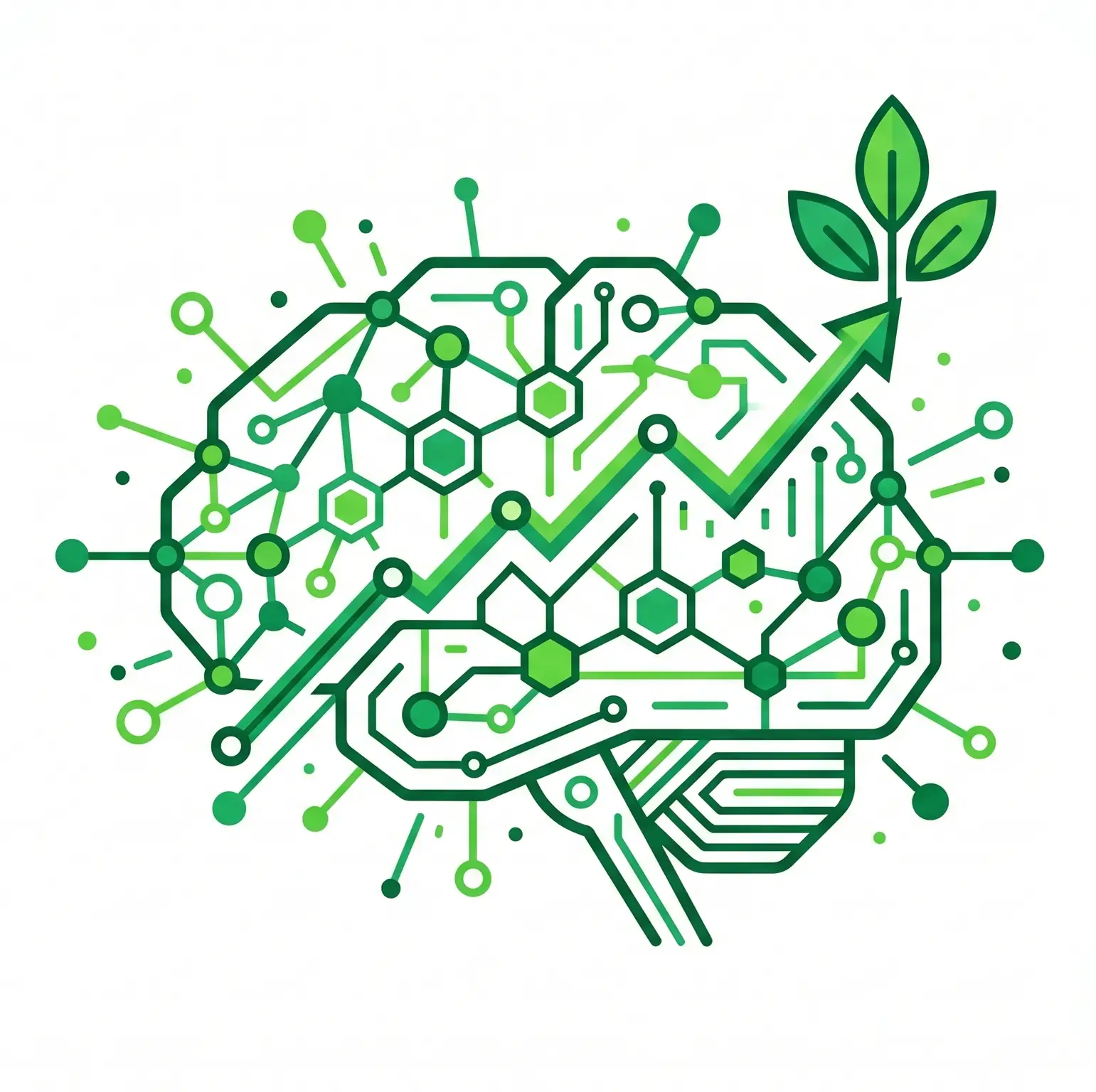 Illustration eines digitalen Gehirns mit einem Wachstumspfeil und Blättern. Symbol für die außergewöhnliche KI-Expertise und planvolle Arbeitsweise von Angelo Oliveira bei UBODA IT-Solutions.