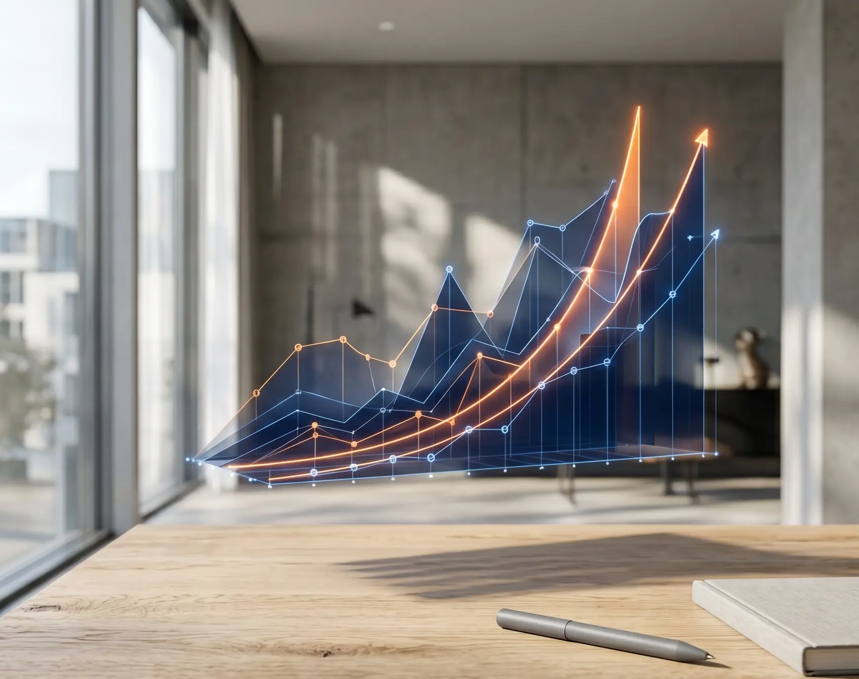 Eine futuristische, leuchtende Daten-Grafik mit steil ansteigenden Kurven über einem Schreibtisch. Visualisierung von Effizienzsteigerung durch KI-Integration und Prompt Engineering bei UBODA.