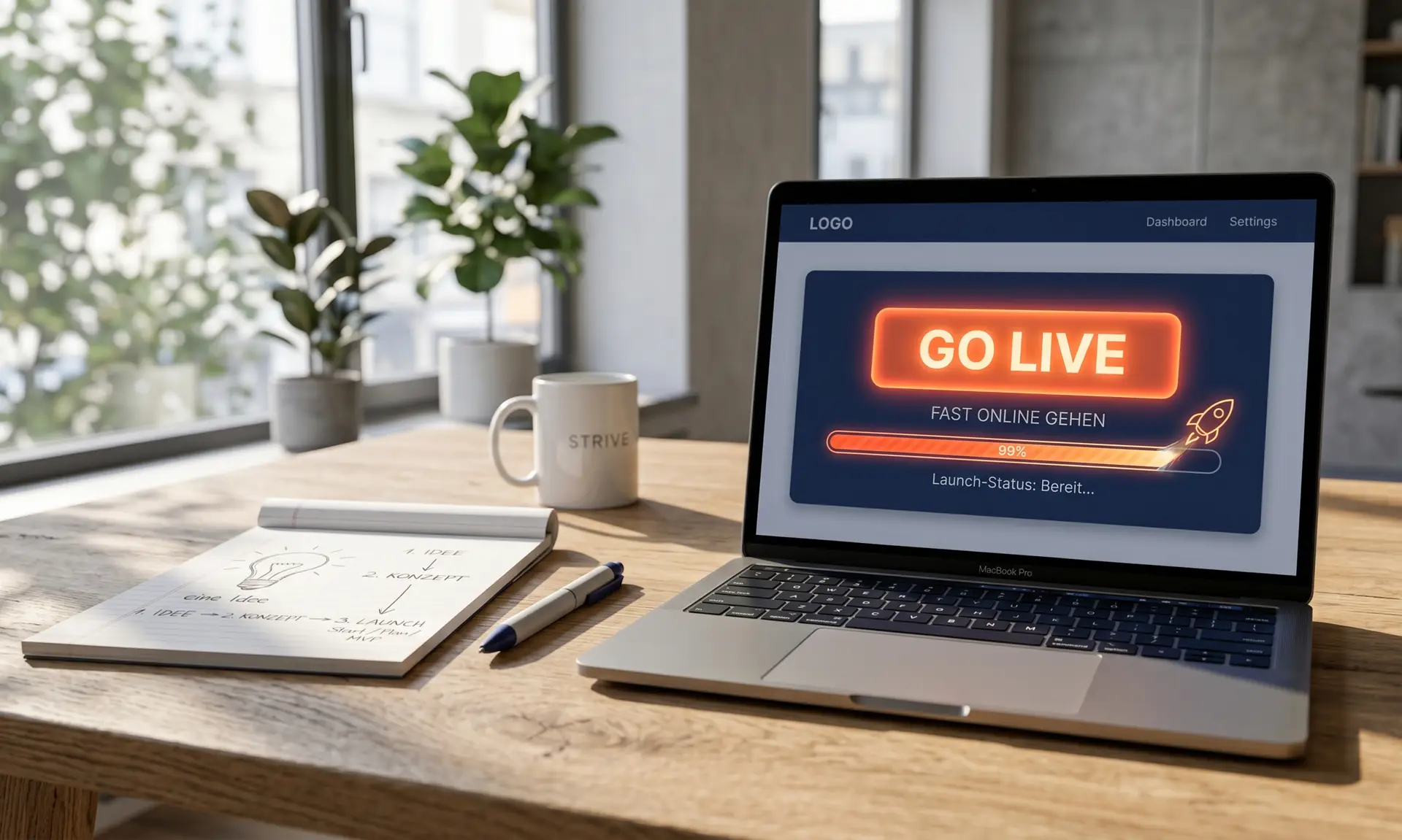 Ein Laptop zeigt einen glühenden 'GO LIVE'-Button mit Fortschrittsbalken. Daneben liegt ein Notizbuch mit einer Prozess-Skizze von der Idee bis zum Launch. Symbol für MVP-Entwicklung bei UBODA.