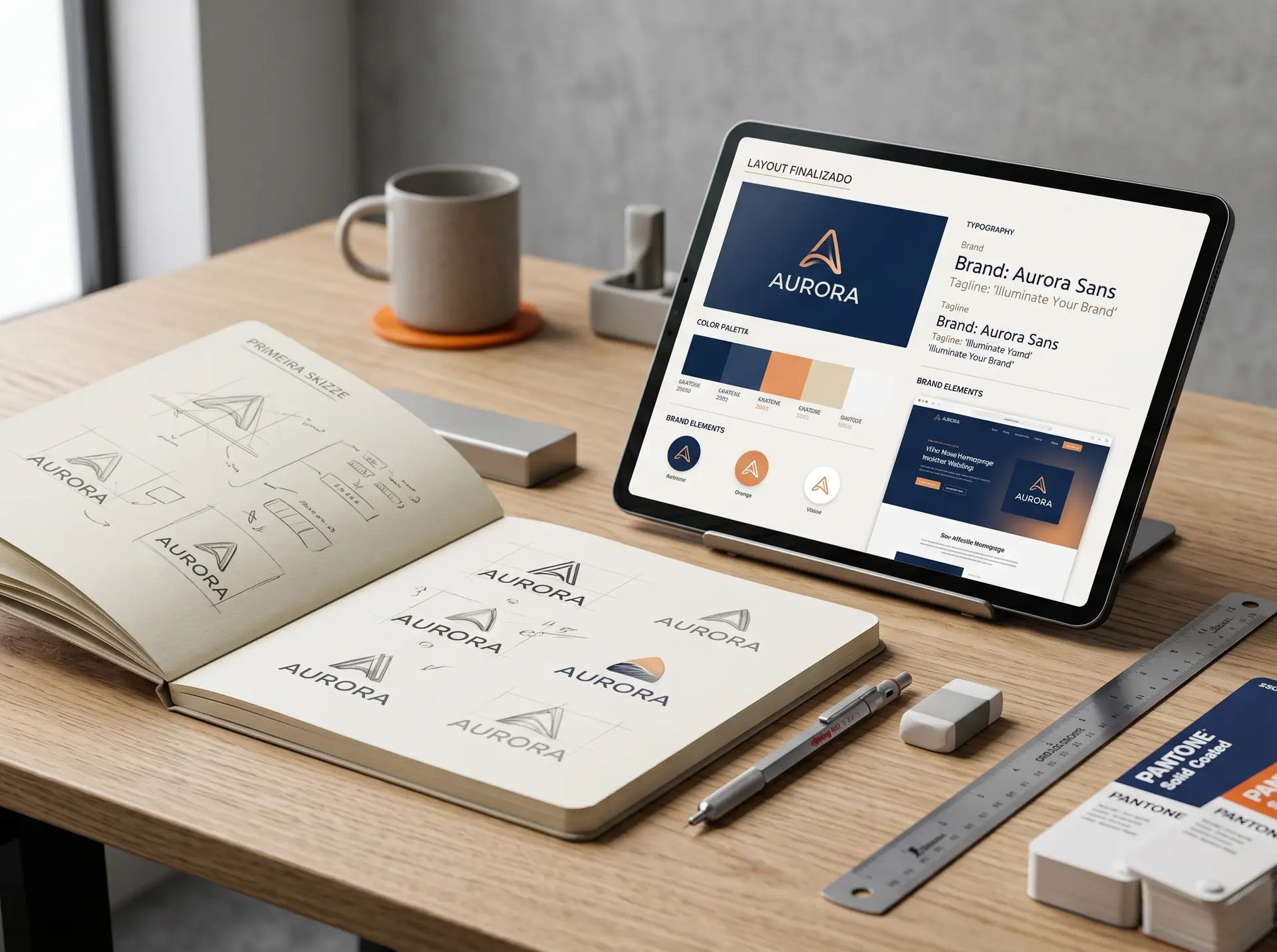 Darstellung des Webdesign-Prozesses bei UBODA IT-Solutions: Vom Logo-Entwurf im Skizzenbuch bis zum fertigen digitalen Brand-Layout auf einem Tablet.